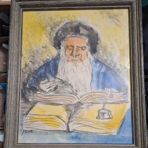 Vintage Framed Art with Blue and Yellow Accents